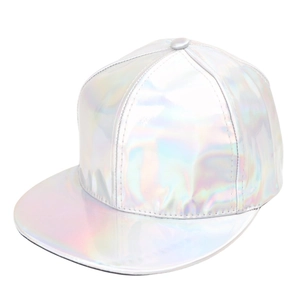 Macro detail of rainbow reflective laser PU leather on a silver snapback baseball cap