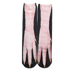 Detailed view of novelty socks featuring realistic pink chicken claw prints on black base