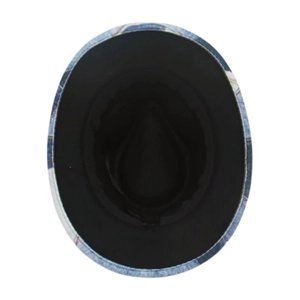 Top down view of children's fedora hat with denim print texture and black lining