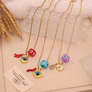 Evil Eye Pendant Necklace Chili Dice Feather Heart Charms Copper Stainless Steel Gold Plated Vintage Jewelry For Women