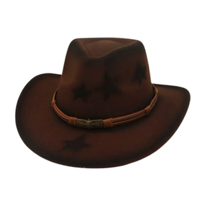Dark brown felt cowboy hat with star prints, distressed texture and vintage sun buckle