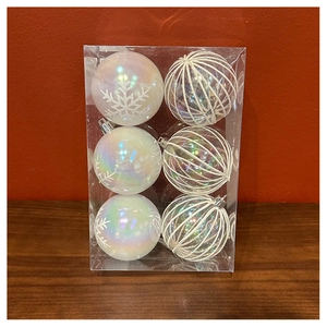 Detail of 6-pack champagne mesh pearl dot Christmas tree balls in a clear display box
