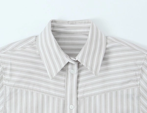 Detail of grey striped poplin shirt showing sharp collar and classic white button closure