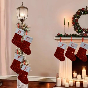 Red Sequin Christmas Stocking With White Velvet Cuff Embroidered Capital Letter Xmas Tree Hanging Ornament Gift Bag