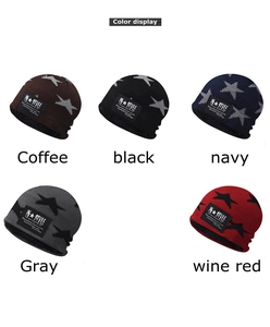 Color display of knitted hats with embroidered stars in coffee, black, navy, gray and wine red
