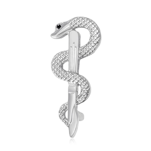 Elegant silver snake caduceus brooch with sparkling crystals for suits and coats