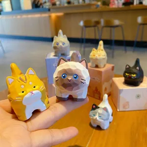Geometric wood-carved style resin cat figurines for home and car dashboard decor