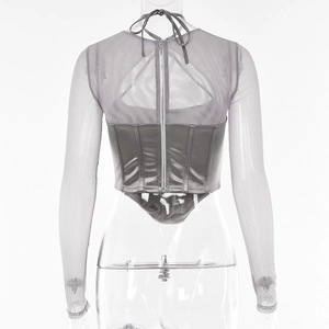 Silver-grey corset top with back zipper and mesh sleeves on a mannequin
