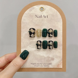 Handmade Press On Nails Emerald Green Grid Pattern Rhinestone Artificial Pearl Decor Retro French Style False Nails For Women