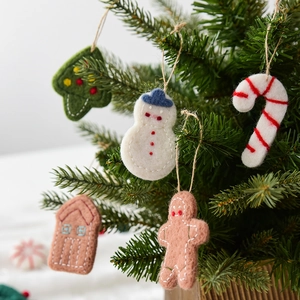 Felt Christmas ornaments set including snowman and gingerbread man on pine tree