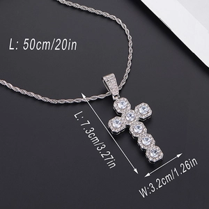 Silver twist chain necklace with iced out zircon cross pendant and size dimensions