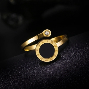 18K gold Roman numeral open ring with black dial detail and sparkling crystal accent