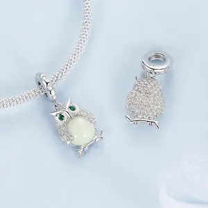 S925 sterling silver luminous owl charm necklace with green gemstone eyes and zircons
