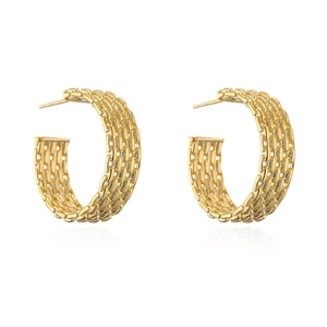 18K gold-plated geometric C-shaped earrings with a woven metal texture on white background
