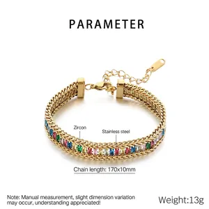 Technical view of 18K gold plated bracelet with colorful cubic zirconia and dimensions