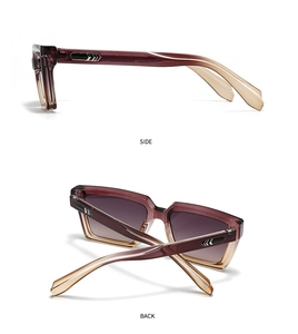 Detail view of side and back angles of square sunglasses with arrow metal accents