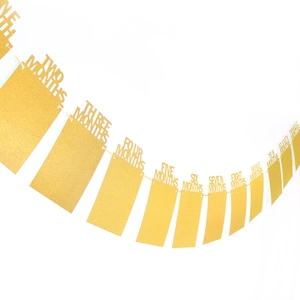 Detail of gold glitter first birthday photo banner showing monthly cards from one to twelve