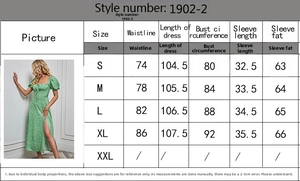 Größentabelle für Blumenkleid mit Puffärmeln, Details zu Maßen von S bis XL in der Übersicht