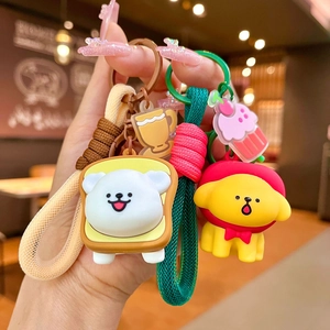 Cute cartoon puppy and bear fruit hat keychains with colorful braided rope pendants