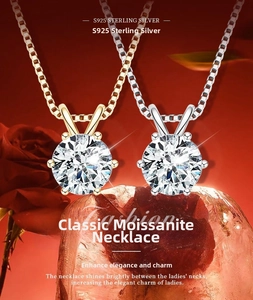 Close-up of classic six-prong s925 silver moissanite necklaces in gold and silver finish