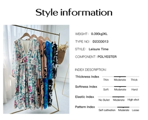 Detailed size chart and material specifications for V-neck printed vacation maxi dress