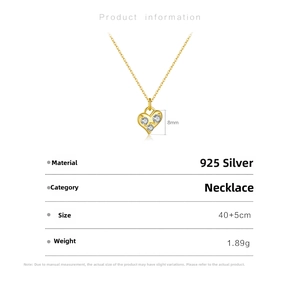 Detail view of S925 silver heart necklace with pave zircons and technical specifications