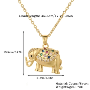 Golden elephant necklace detail with colorful zircon stones and exact measurements