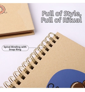 Detail of 6-inch cartoon scrapbook with golden spiral binding and kraft paper cover