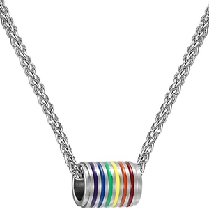 Rainbow striped cylinder pendant necklace in polished stainless steel for LGBTQ+ pride