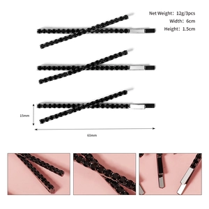 Detailed size specifications for three black rhinestone cross-shaped metal hair clips