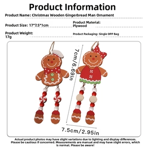 Detail view of wooden gingerbread man ornaments showing product dimensions and materials