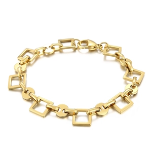 Modern gold stainless steel link bracelet with geometric square and circular chain links