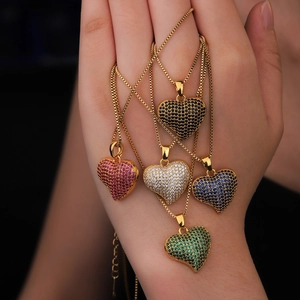 Set of five heart pendant necklaces with vibrant zircons and gold box chains