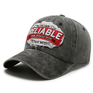 Distressed charcoal grey vintage washed cotton baseball cap with reliable patch embroidery