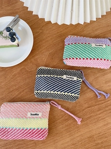 Woven Striped Cosmetic Bag Zipper Storage Pouch With Lanyard Contrast Color Makeup Bag Portable Mini Coin Purse For Women