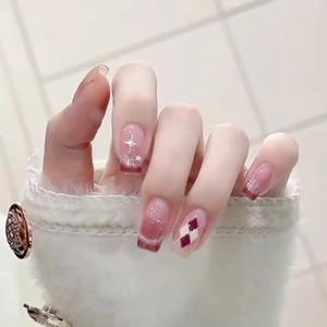 Wine Red Cat Eye Press On Nails Gradient Glitter Star Rhombus Pattern Coffin Shape False Nails For Women