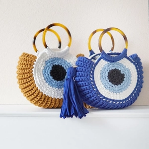 Evil Eye Hand-Woven Cotton Tote Bag Circular Resin Handle Tassel Shell Shape Casual Beach Fashion Handmade For Women