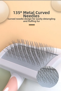 Detail of 135-degree angled metal needles on a professional pet grooming brush