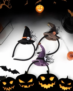 Three-piece Halloween witch hat headbands with lace detail, skull and pumpkin motifs