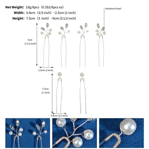 Detailed dimensions of bridal hair pins set with imitation pearls and crystals