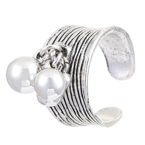 Adjustable silver layered textured ring featuring two large sphere ball pendants