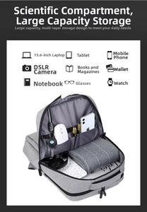 Internal view of dark grey business backpack showing organized 15.6 inch laptop compartments