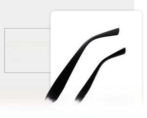Detail of ergonomic cat eye sunglasses temple with metallic logo and ear-fit curve