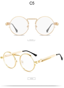 Front and side view of gold steampunk round sunglasses featuring spring metal temples