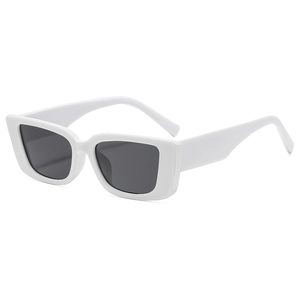 Retro rectangular sunglasses with white glossy frame and dark grey lenses for street style