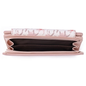 Pink PU leather long wallet for women featuring floral print and zipper closure