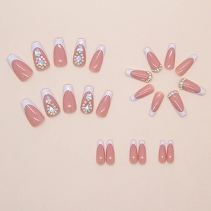 French white tip press-on nails with luxury rhinestones in long coffin shape