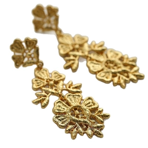Vintage hollow flower tassel metal earrings in gold finish with intricate floral patterns