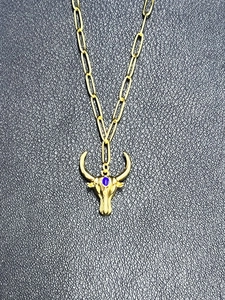 Vintage 18K gold plated necklace with zircon bull head pendant and blue eye inlay
