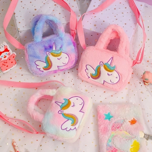 Plush unicorn shoulder bags for girls with mermaid notebook and colorful fur texture